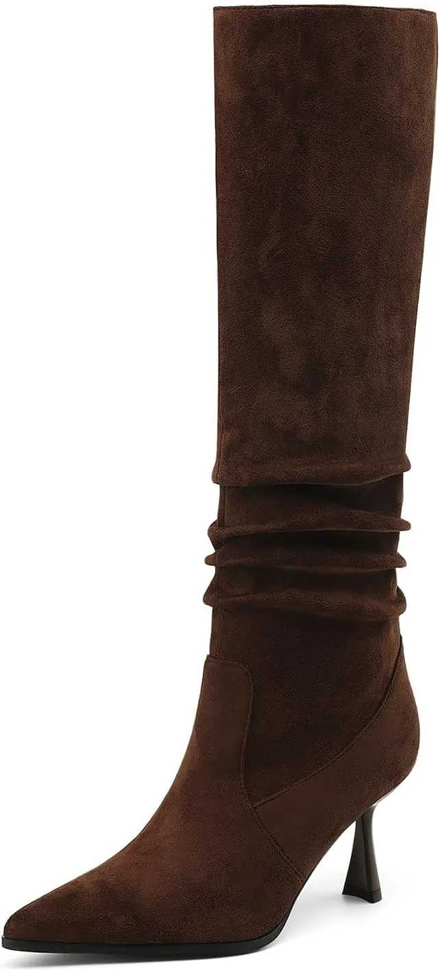 Knee High Boots Women Kitten High Heel Faux Leather Pointed Toe Slouchy Long Boots Fashion Dress Pull on Tall Boots