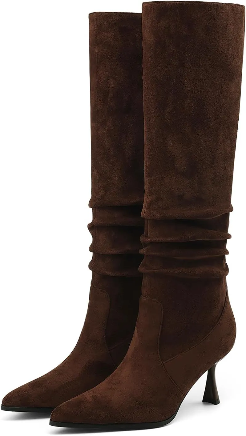 Knee High Boots Women Kitten High Heel Faux Leather Pointed Toe Slouchy Long Boots Fashion Dress Pull on Tall Boots