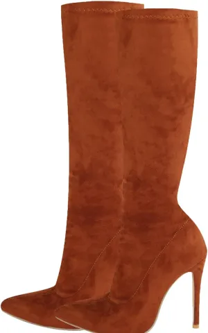 Knee High Boots, Women's High Elastic Suede Boots Pointed Side Zipper Stiletto Heel Mid Calf Large Size Boots Slightly Elastic Close Fitting Fashion Boots