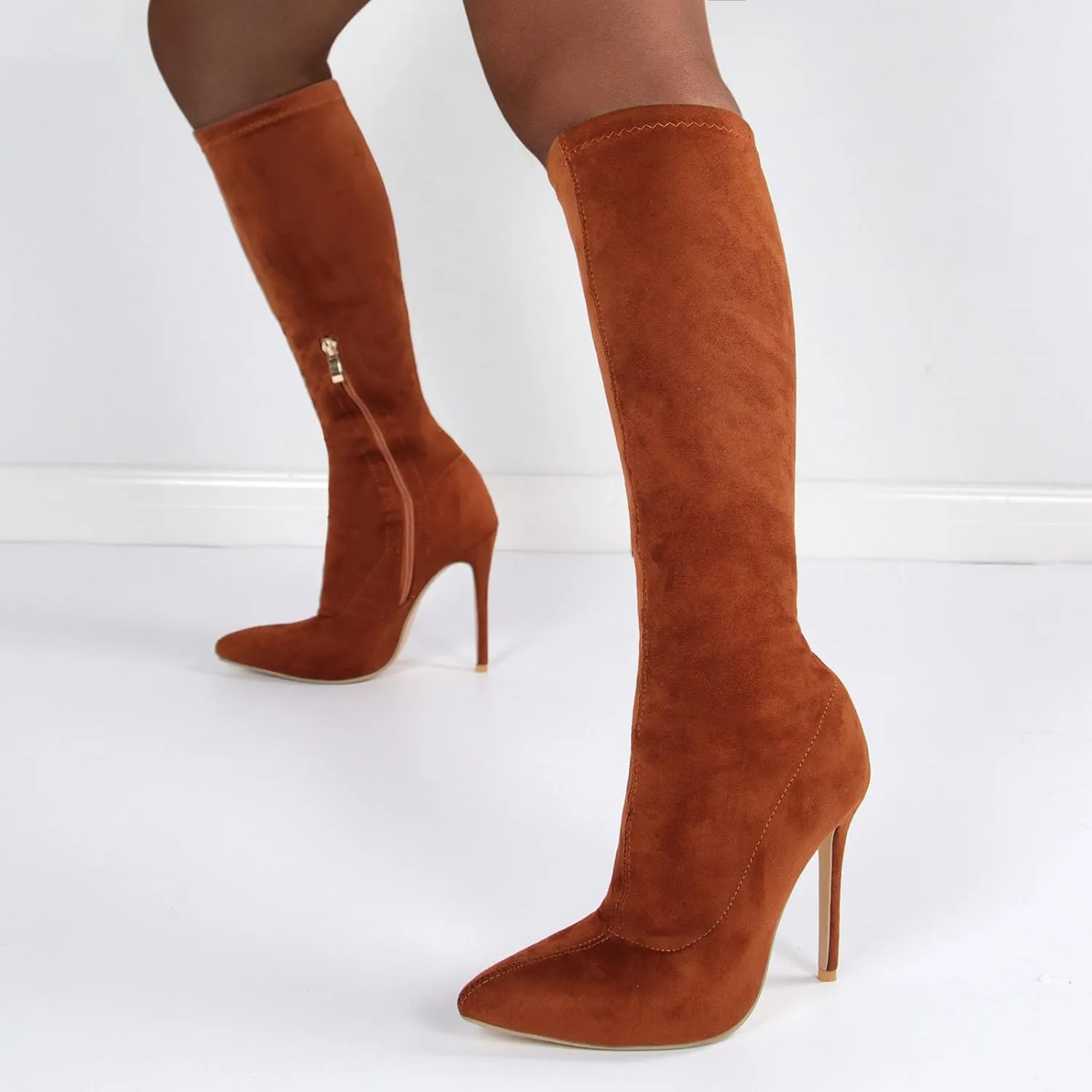 Knee High Boots, Women's High Elastic Suede Boots Pointed Side Zipper Stiletto Heel Mid Calf Large Size Boots Slightly Elastic Close Fitting Fashion Boots