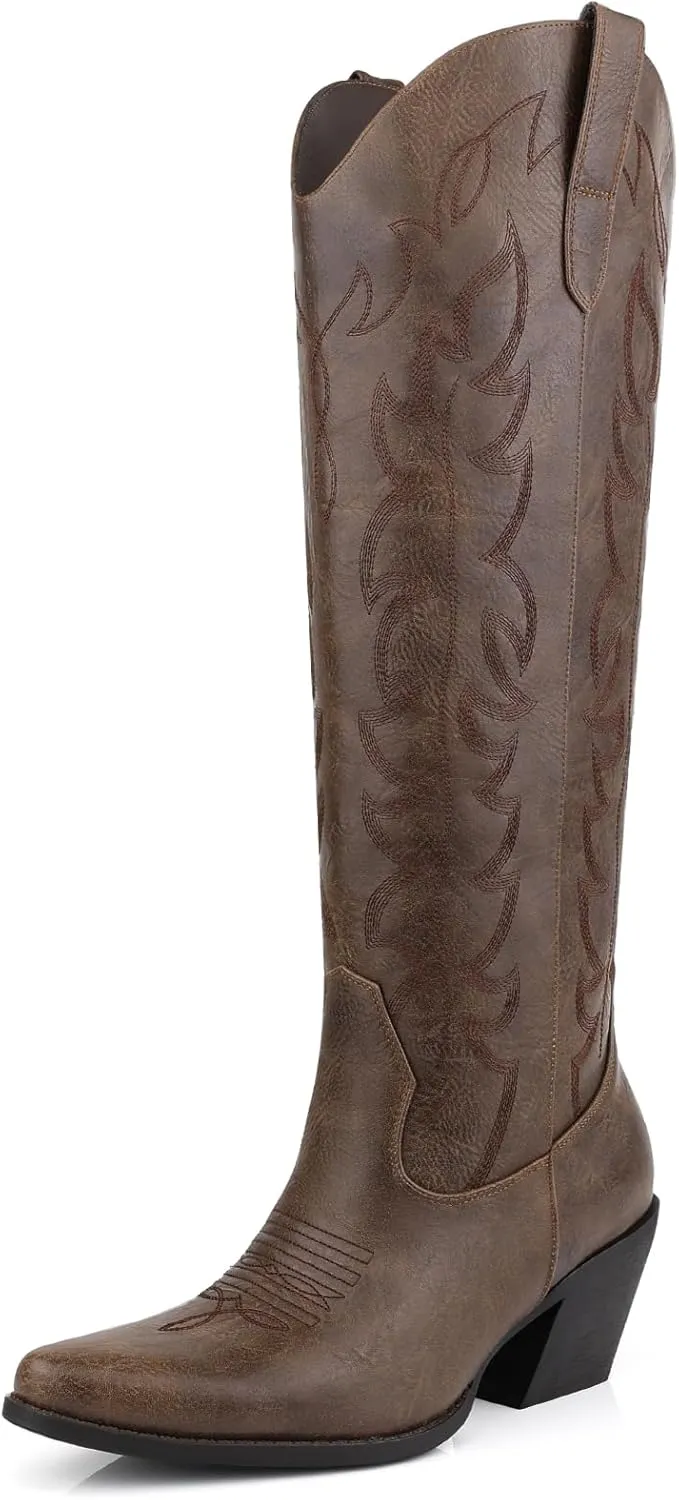 Knee High Wide Calf Cowgirl Boots Women Western Cowboy Boots Pointed Toe Embroidered Boots With Side Half Zip For Lady Boots Size 7-10