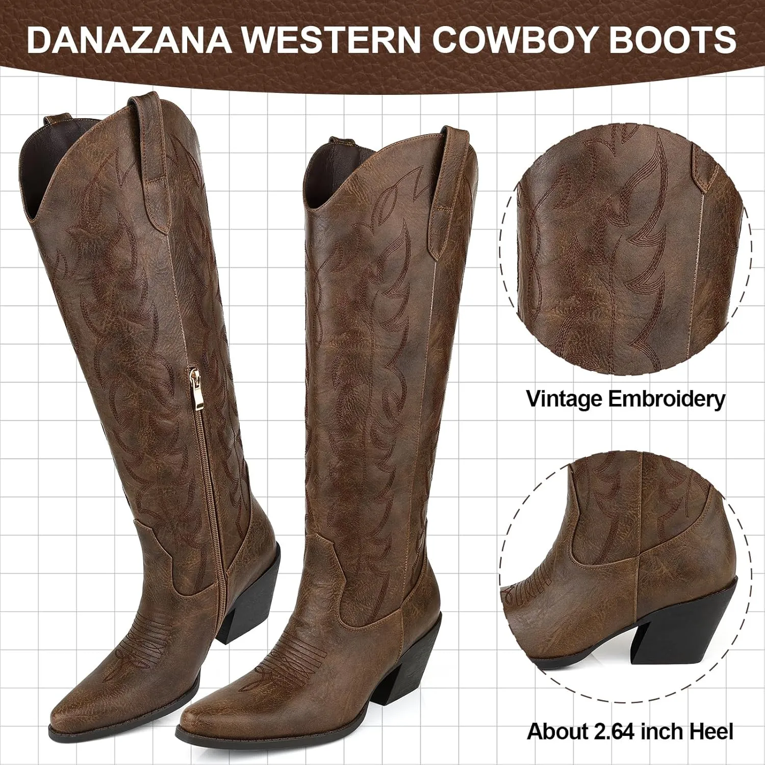 Knee High Wide Calf Cowgirl Boots Women Western Cowboy Boots Pointed Toe Embroidered Boots With Side Half Zip For Lady Boots Size 7-10