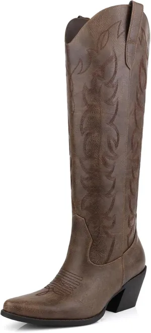 Knee High Wide Calf Cowgirl Boots Women Western Cowboy Boots Pointed Toe Embroidered Boots With Side Half Zip For Lady Boots Size 7-10