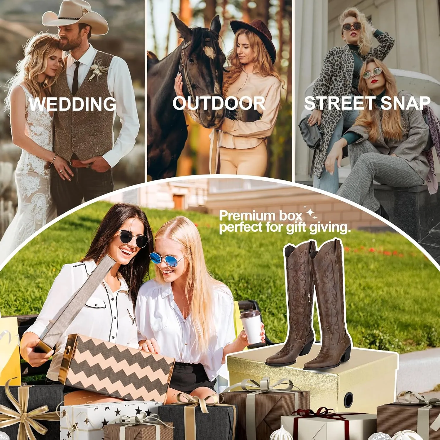 Knee High Wide Calf Cowgirl Boots Women Western Cowboy Boots Pointed Toe Embroidered Boots With Side Half Zip For Lady Boots Size 7-10