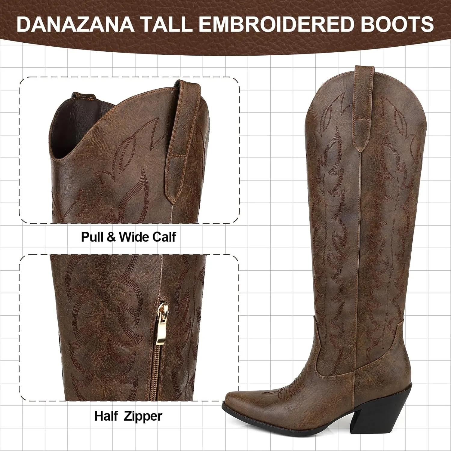 Knee High Wide Calf Cowgirl Boots Women Western Cowboy Boots Pointed Toe Embroidered Boots With Side Half Zip For Lady Boots Size 7-10