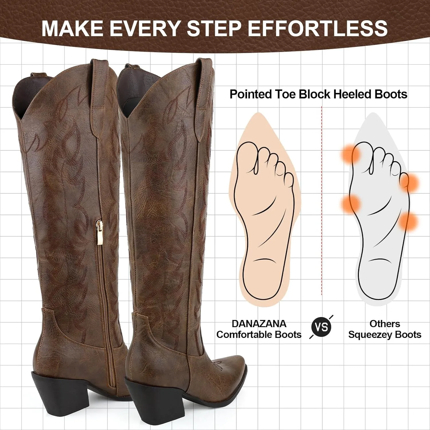 Knee High Wide Calf Cowgirl Boots Women Western Cowboy Boots Pointed Toe Embroidered Boots With Side Half Zip For Lady Boots Size 7-10
