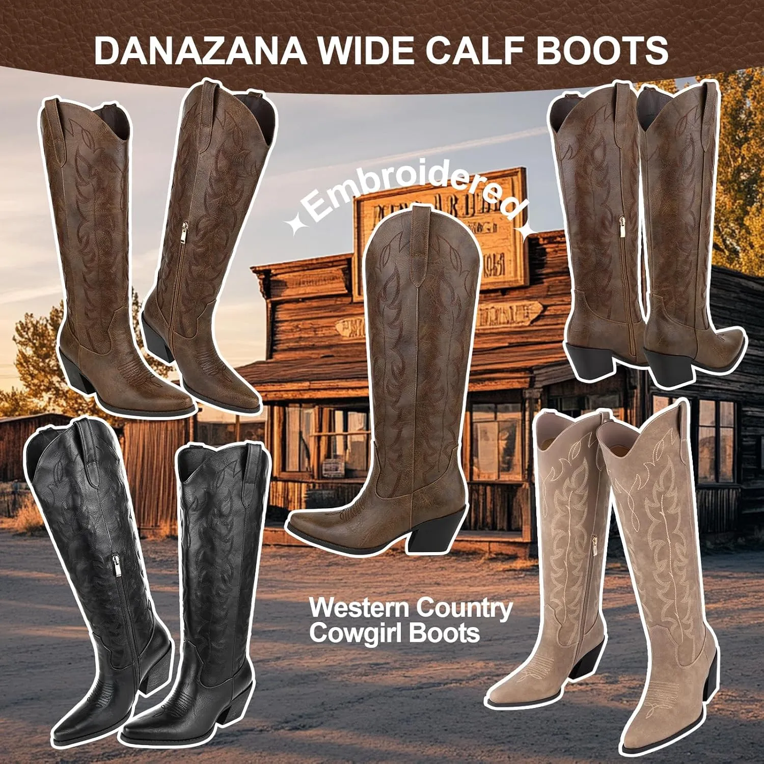 Knee High Wide Calf Cowgirl Boots Women Western Cowboy Boots Pointed Toe Embroidered Boots With Side Half Zip For Lady Boots Size 7-10