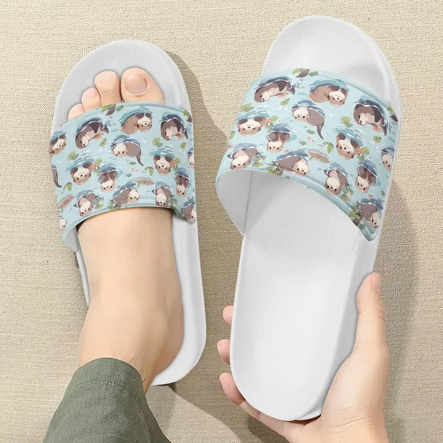 Ladies Pillow House Slide Sandals Open Toe White Flat Shoes Ultra Cushion Sandals Single Band Bath Shower Shoes Travel-friendly Flip Flops