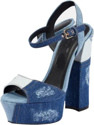 Large Size Fashion Women's Sexy Denim Sandals, Sweet Peep Toe Mixed Colors High Heels for Party, Banquet And Catwalk