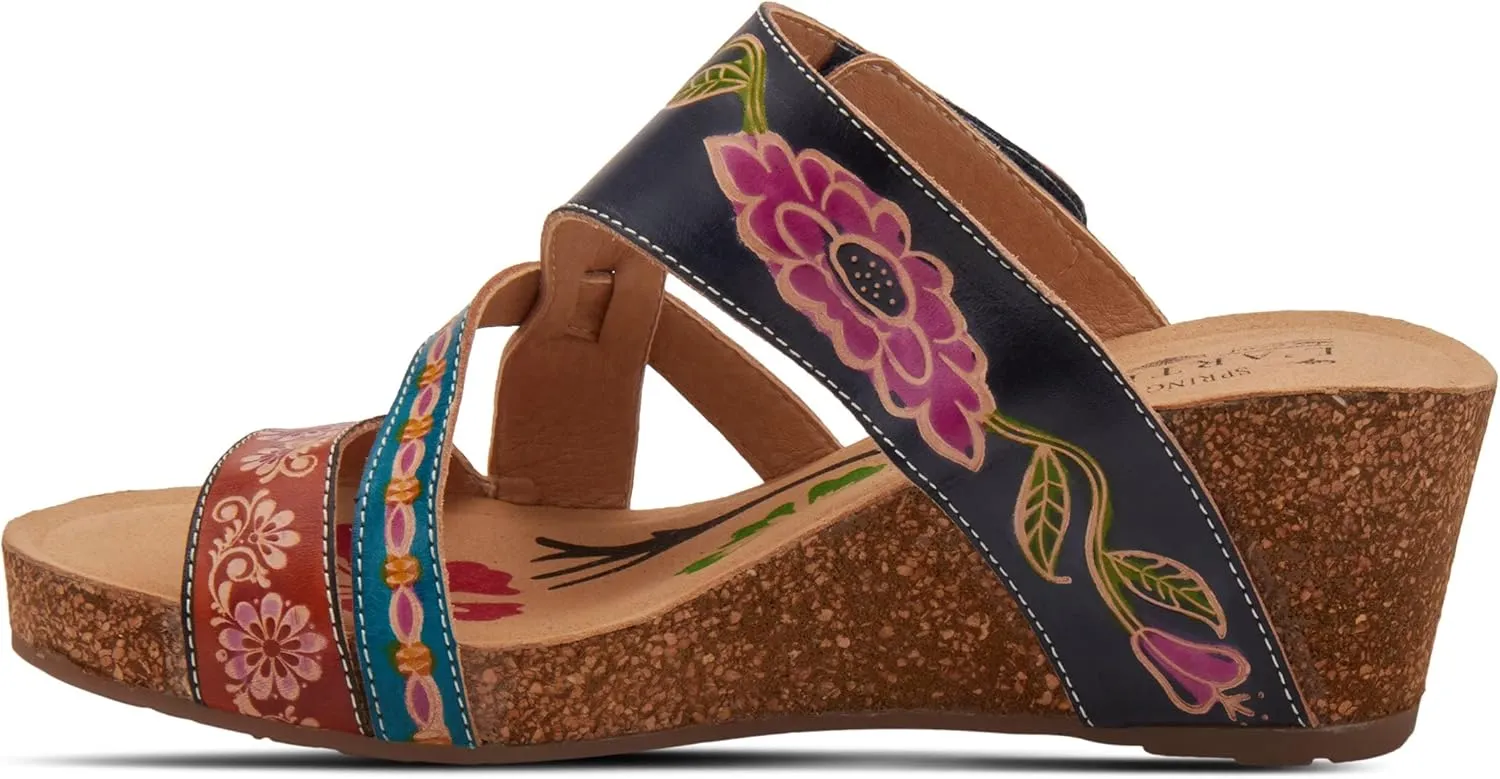 L'Artiste by Spring Step Women's Swan Slide Sandals Hand Painted Leather, Adjustable Straps, Floral Design, Wedge Heel, Hook & Loop, Open Toe