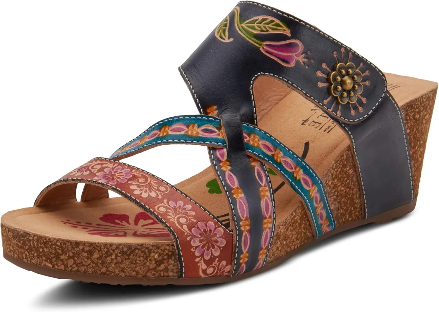L'Artiste by Spring Step Women's Swan Slide Sandals Hand Painted Leather, Adjustable Straps, Floral Design, Wedge Heel, Hook & Loop, Open Toe