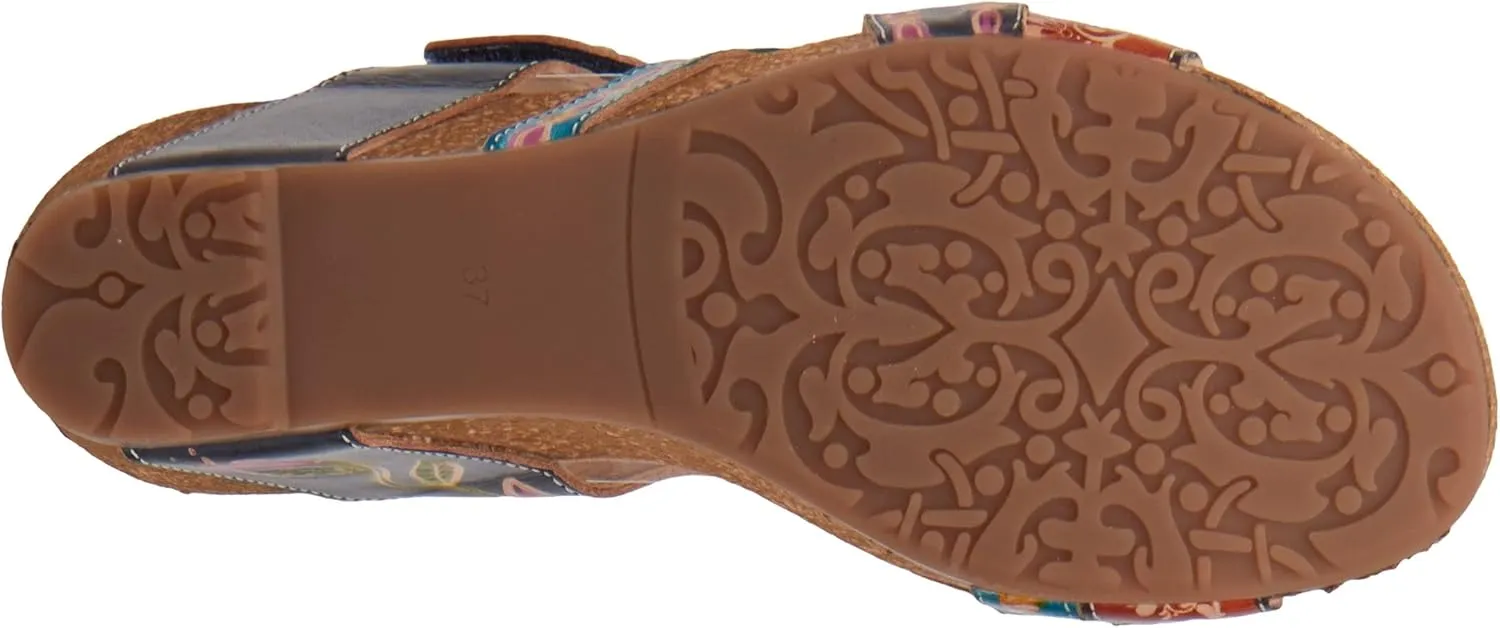 L'Artiste by Spring Step Women's Swan Slide Sandals Hand Painted Leather, Adjustable Straps, Floral Design, Wedge Heel, Hook & Loop, Open Toe