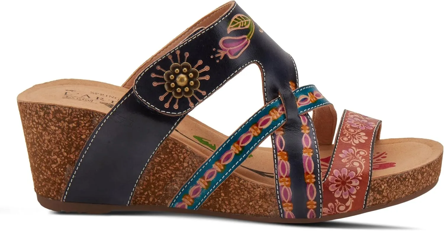 L'Artiste by Spring Step Women's Swan Slide Sandals Hand Painted Leather, Adjustable Straps, Floral Design, Wedge Heel, Hook & Loop, Open Toe