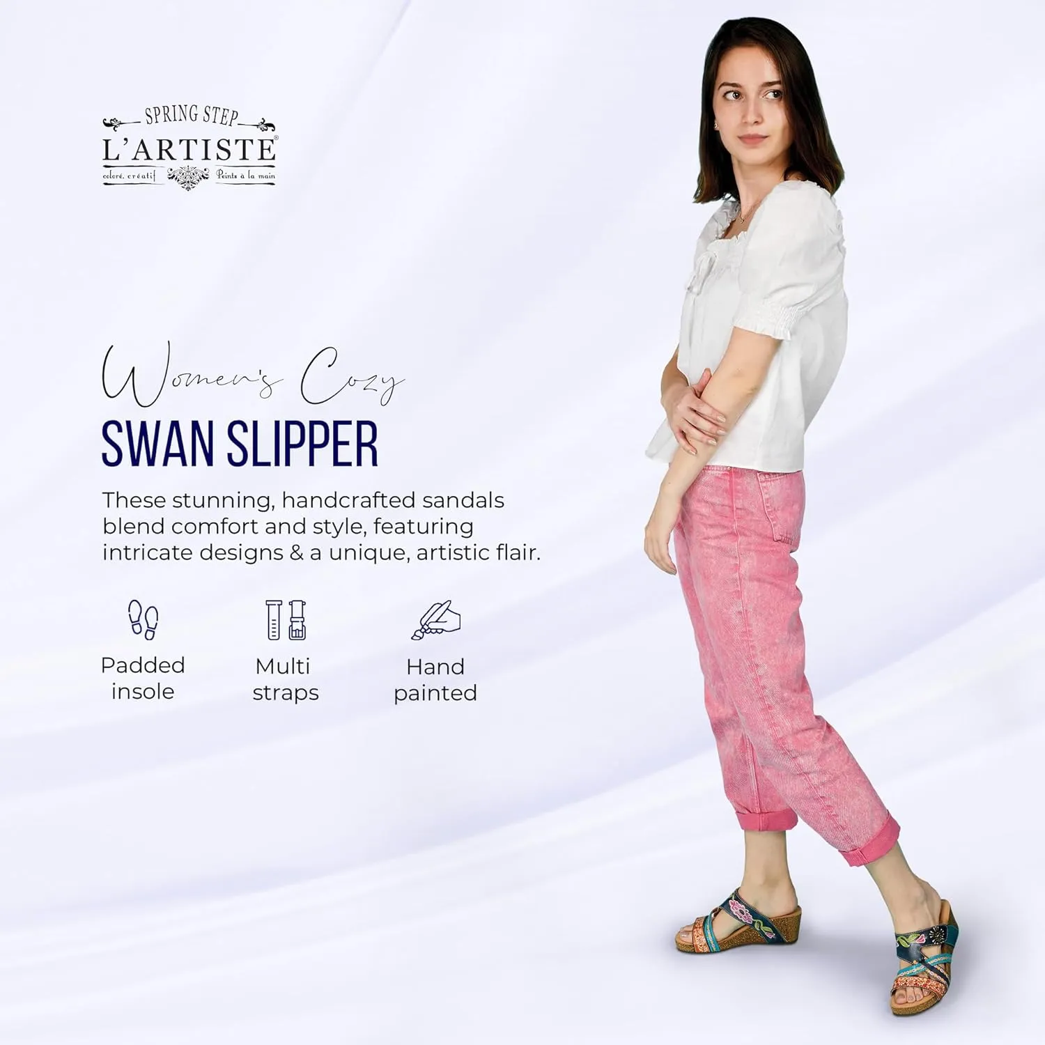 L'Artiste by Spring Step Women's Swan Slide Sandals Hand Painted Leather, Adjustable Straps, Floral Design, Wedge Heel, Hook & Loop, Open Toe