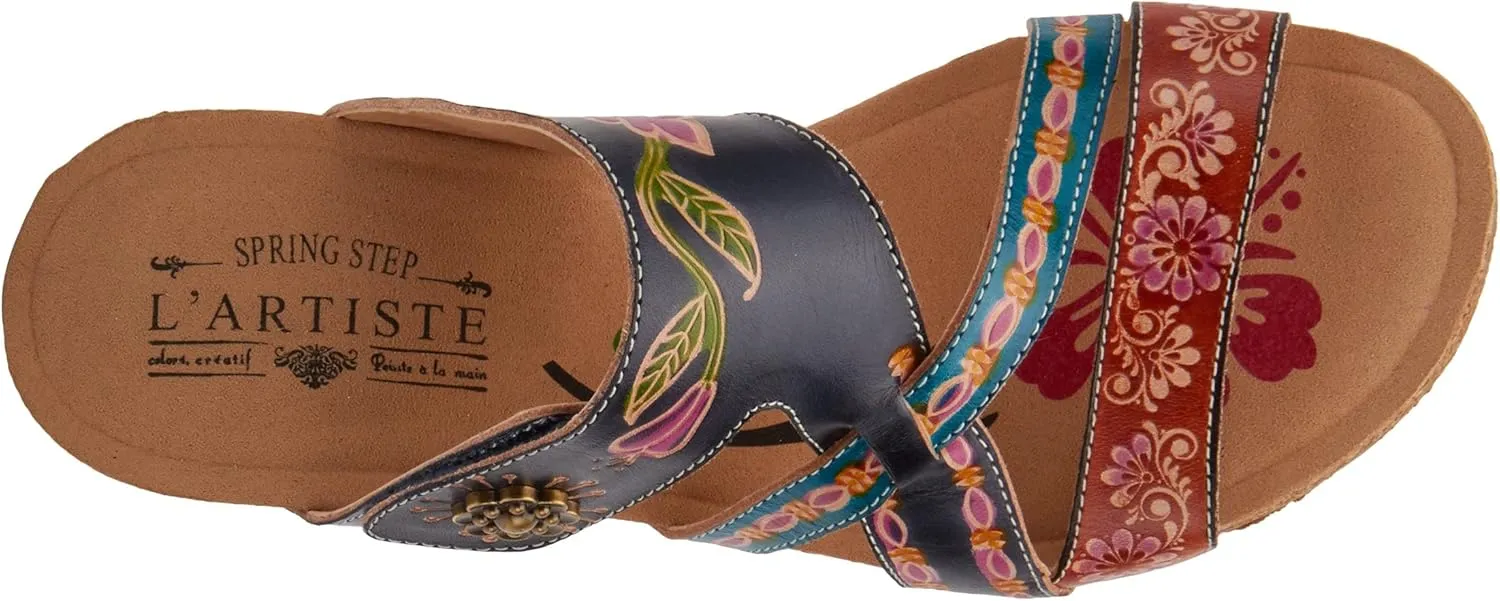 L'Artiste by Spring Step Women's Swan Slide Sandals Hand Painted Leather, Adjustable Straps, Floral Design, Wedge Heel, Hook & Loop, Open Toe