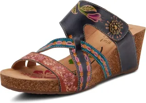 L'Artiste by Spring Step Women's Swan Slide Sandals Hand Painted Leather, Adjustable Straps, Floral Design, Wedge Heel, Hook & Loop, Open Toe