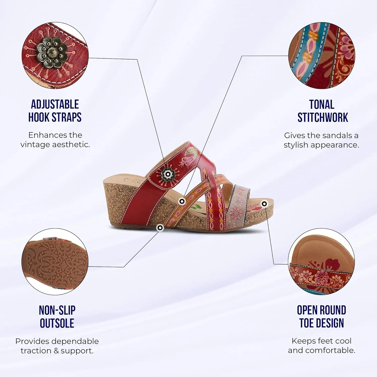 L'Artiste by Spring Step Women's Swan Slide Sandals Hand Painted Leather, Adjustable Straps, Floral Design, Wedge Heel, Hook & Loop, Open Toe