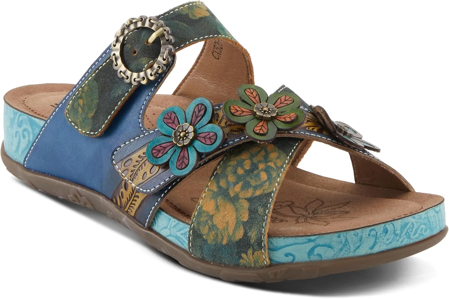 L'Artiste Women's CAELANA Slide Sandals - Hand-Painted Leather, Floral Accents, Adjustable Fit