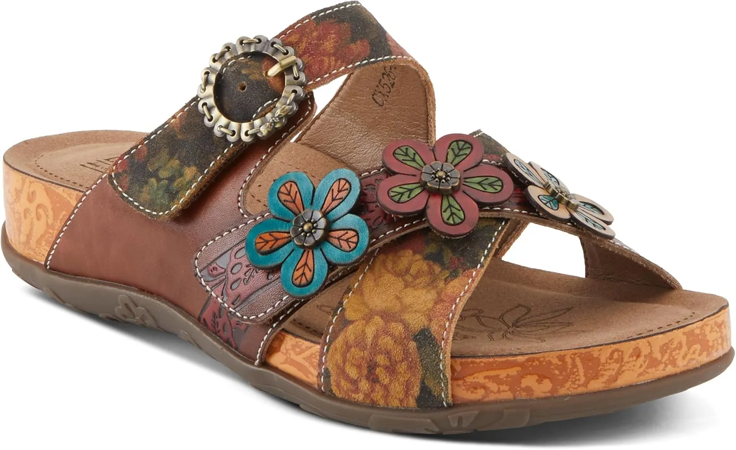 L'Artiste Women's CAELANA Slide Sandals - Hand-Painted Leather, Floral Accents, Adjustable Fit