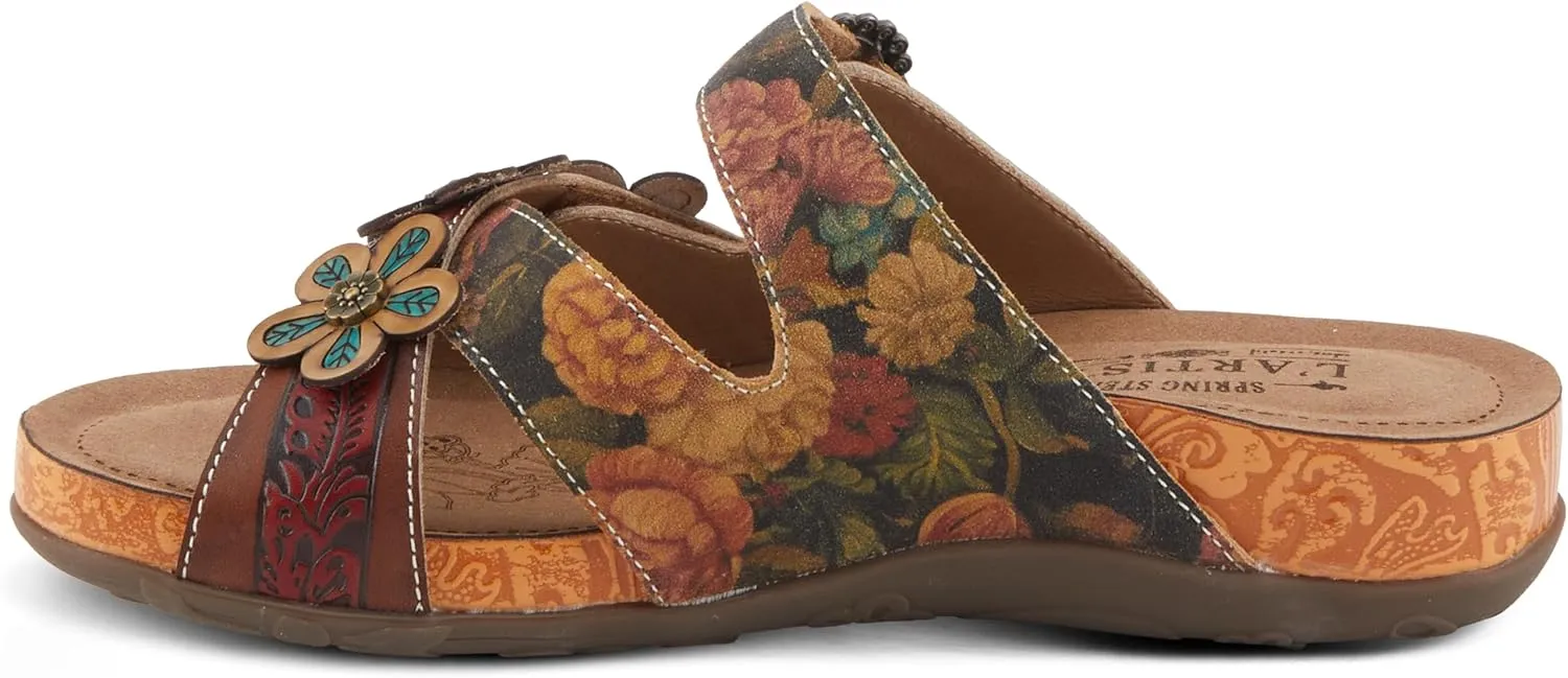 L'Artiste Women's CAELANA Slide Sandals - Hand-Painted Leather, Floral Accents, Adjustable Fit