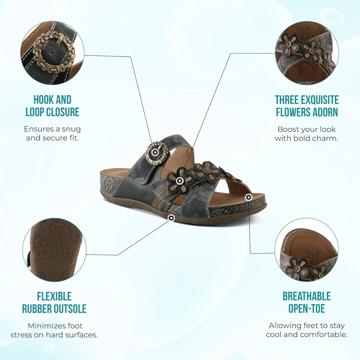L'Artiste Women's CAELANA Slide Sandals - Hand-Painted Leather, Floral Accents, Adjustable Fit