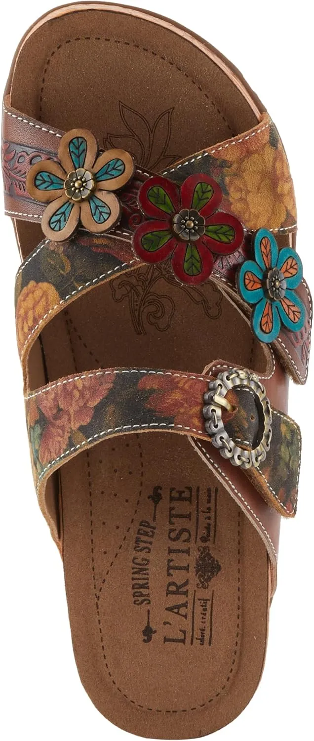 L'Artiste Women's CAELANA Slide Sandals - Hand-Painted Leather, Floral Accents, Adjustable Fit