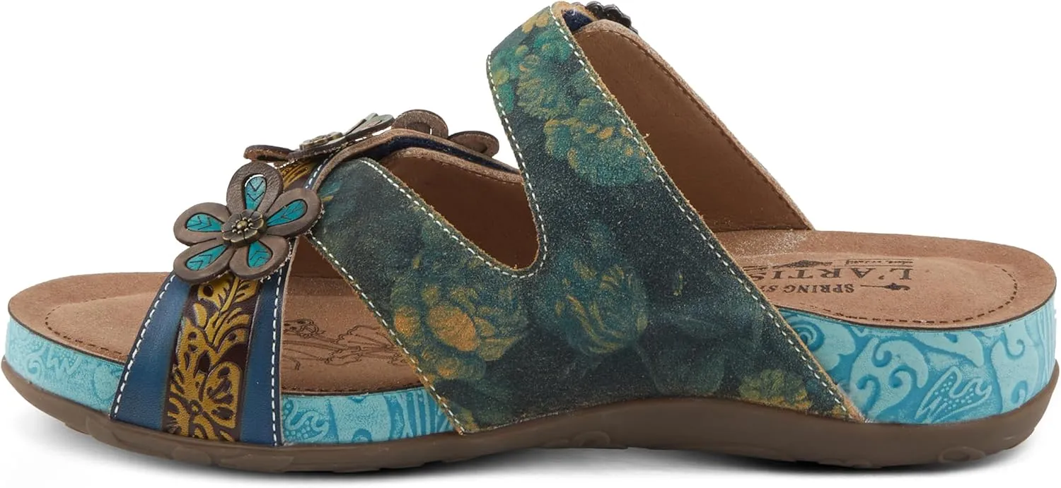L'Artiste Women's CAELANA Slide Sandals - Hand-Painted Leather, Floral Accents, Adjustable Fit
