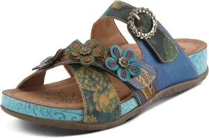 L'Artiste Women's CAELANA Slide Sandals - Hand-Painted Leather, Floral Accents, Adjustable Fit