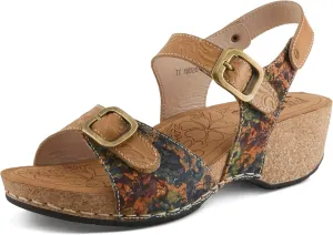 L'Artiste Women's OSUNA Hook-and-Loop Leather Sandals – Floral Cork Design, Adjustable Straps, Cushioned Demi-Wedge Sole