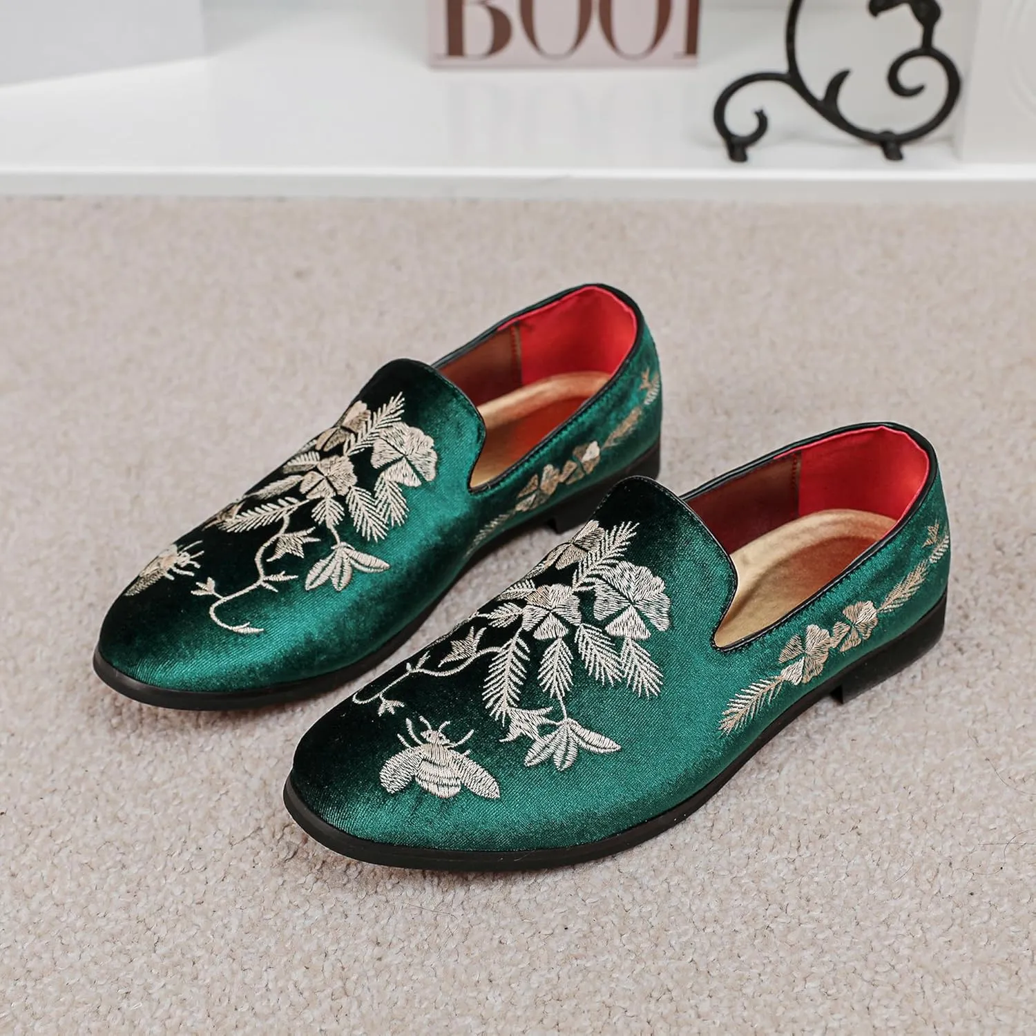 LCQL Men's Luxury Velvet Embroidery Loafers Slip On Flat Boats for Prom Party Wedding Office Outdoor Indoor Shoes Size 7-14