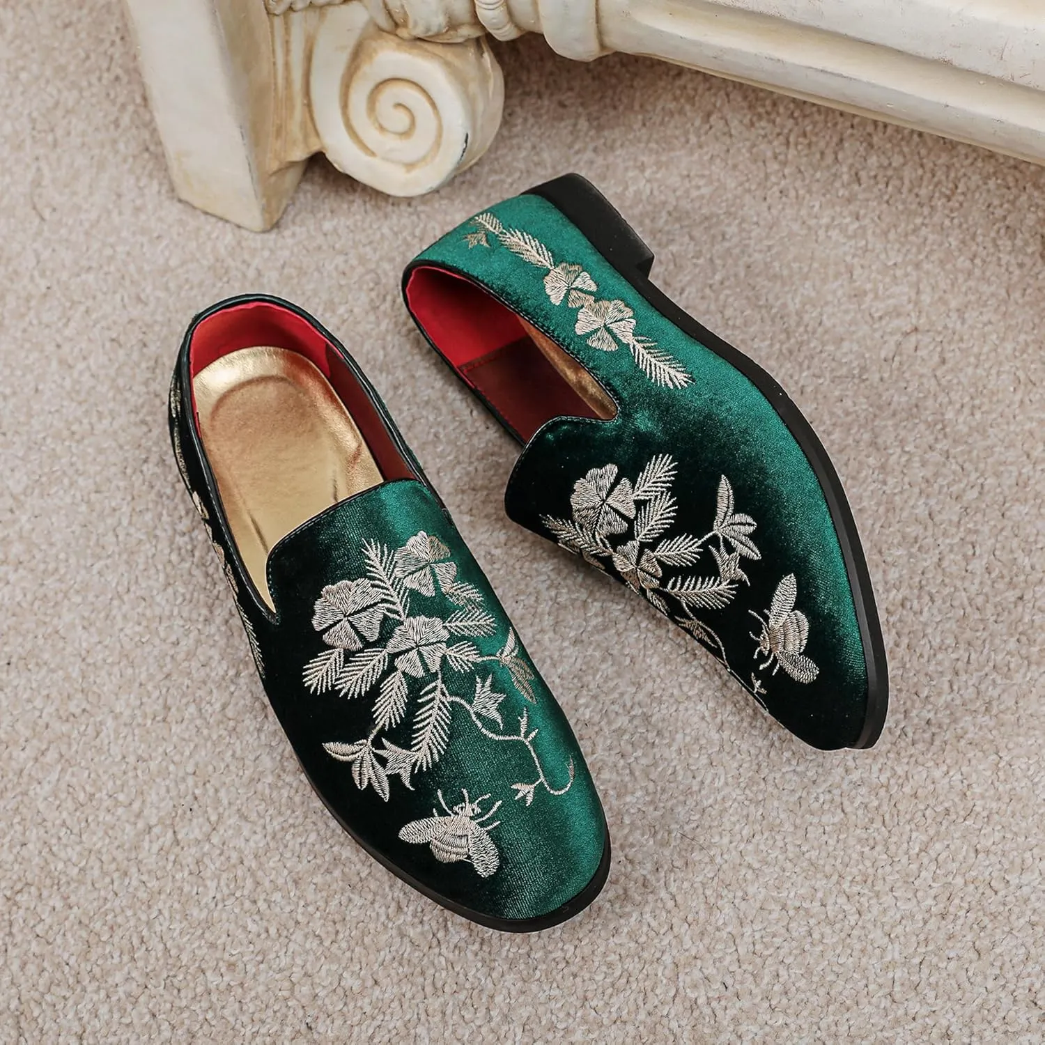 LCQL Men's Luxury Velvet Embroidery Loafers Slip On Flat Boats for Prom Party Wedding Office Outdoor Indoor Shoes Size 7-14