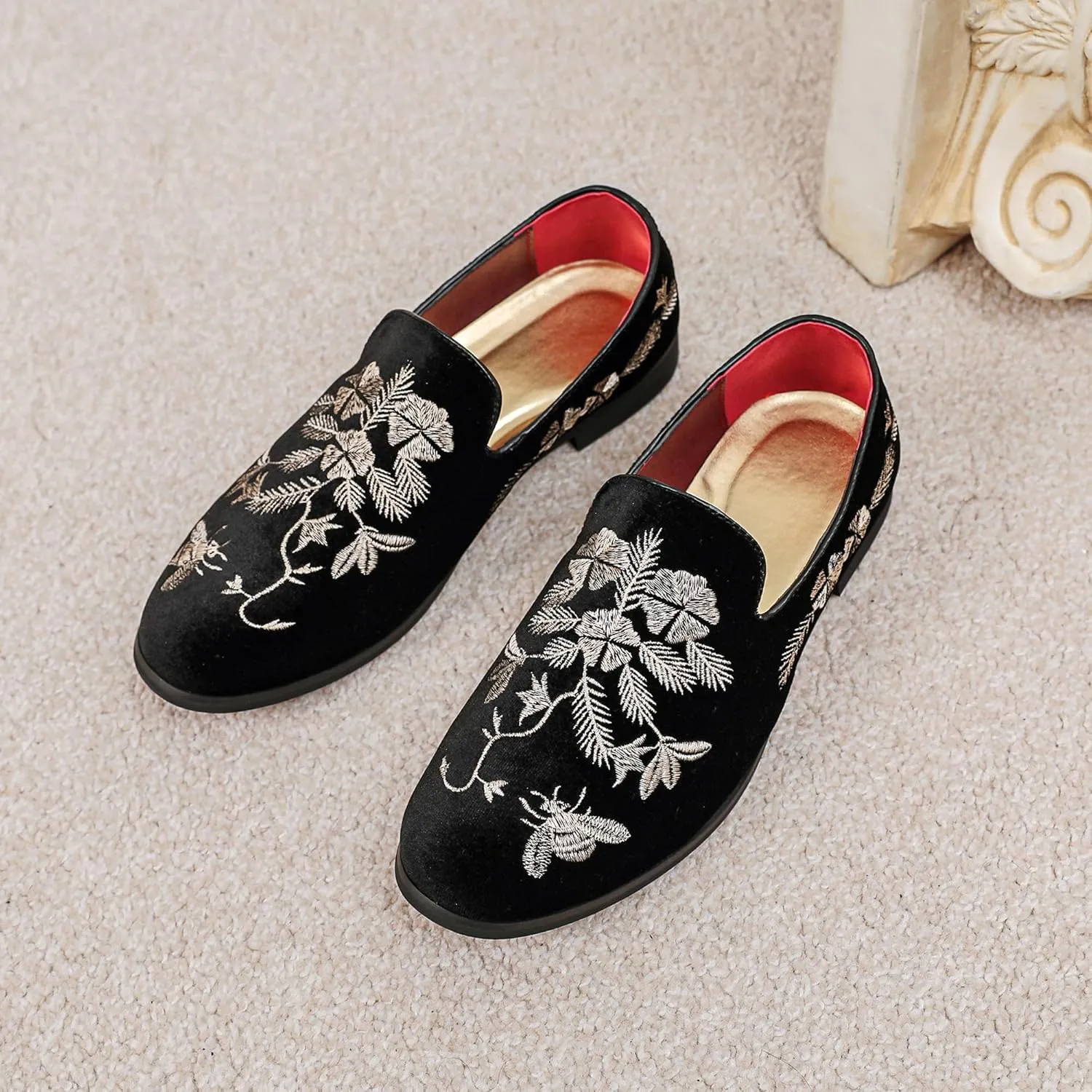 LCQL Men's Luxury Velvet Embroidery Loafers Slip On Flat Boats for Prom Party Wedding Office Outdoor Indoor Shoes Size 7-14