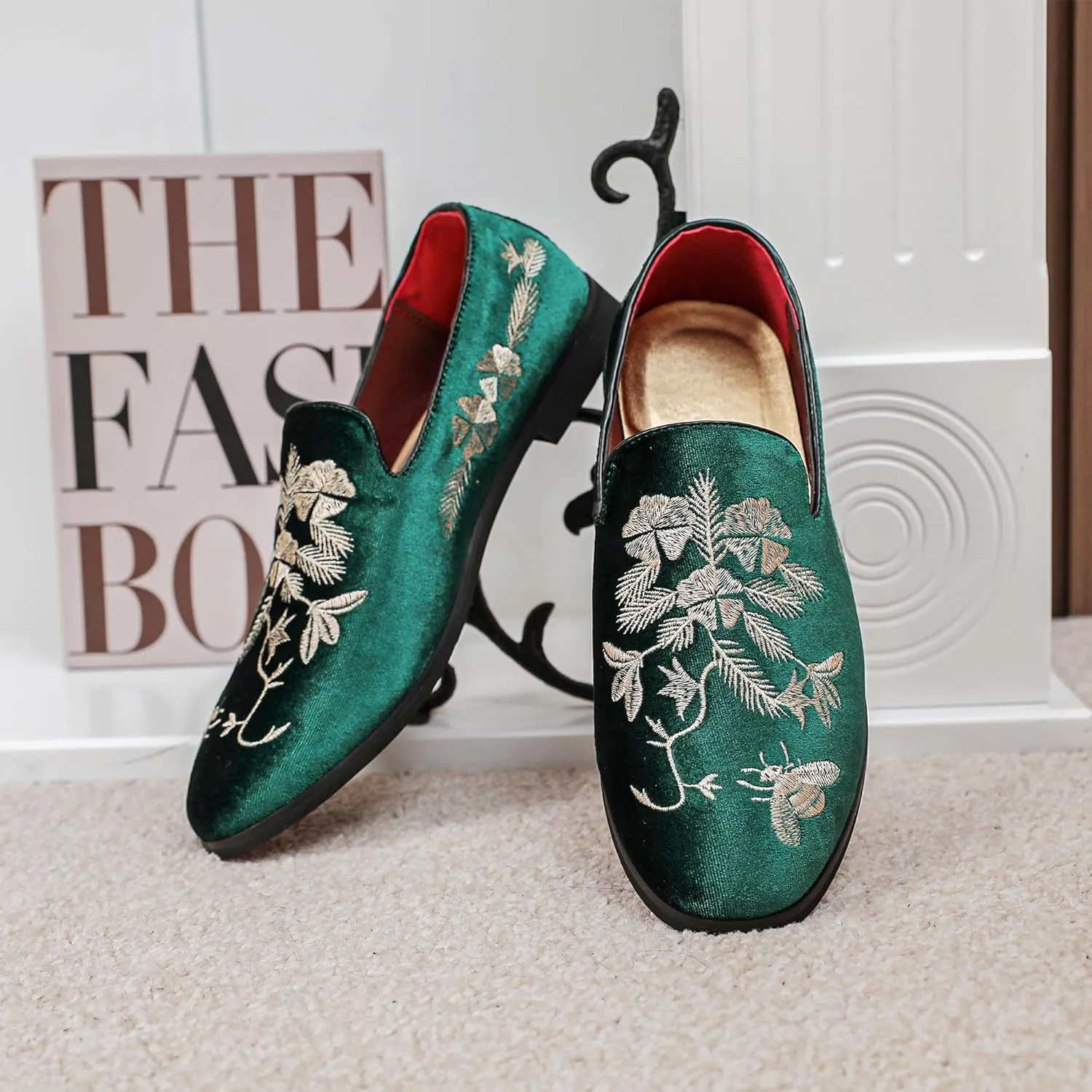 LCQL Men's Luxury Velvet Embroidery Loafers Slip On Flat Boats for Prom Party Wedding Office Outdoor Indoor Shoes Size 7-14
