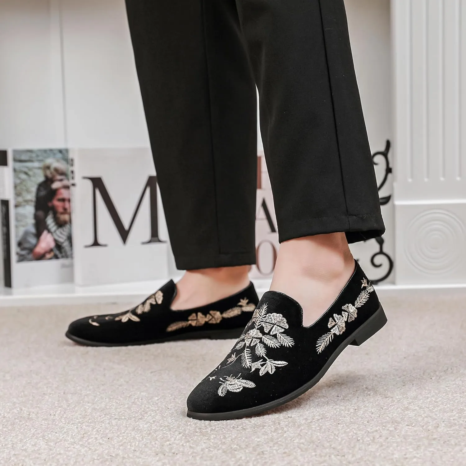 LCQL Men's Luxury Velvet Embroidery Loafers Slip On Flat Boats for Prom Party Wedding Office Outdoor Indoor Shoes Size 7-14
