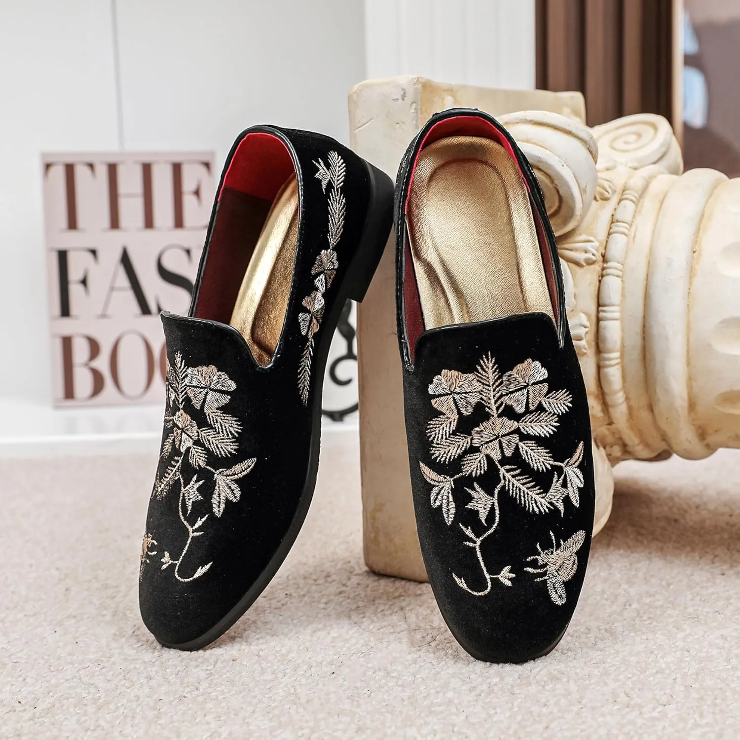 LCQL Men's Luxury Velvet Embroidery Loafers Slip On Flat Boats for Prom Party Wedding Office Outdoor Indoor Shoes Size 7-14