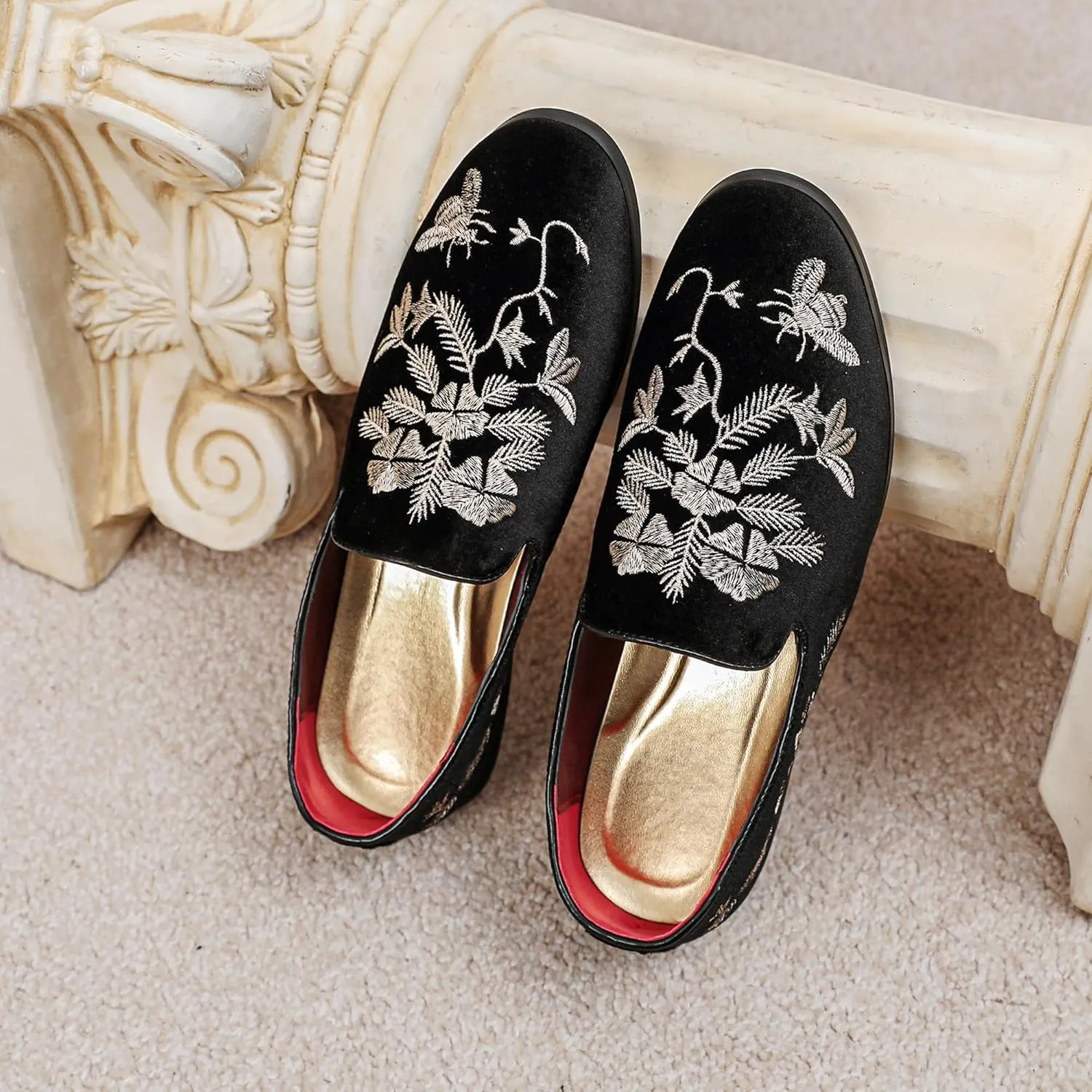 LCQL Men's Luxury Velvet Embroidery Loafers Slip On Flat Boats for Prom Party Wedding Office Outdoor Indoor Shoes Size 7-14