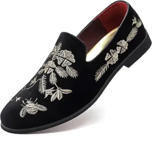 LCQL Men's Luxury Velvet Embroidery Loafers Slip On Flat Boats for Prom Party Wedding Office Outdoor Indoor Shoes Size 7-14