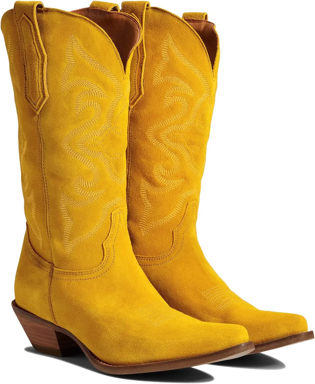 LEHOOR Cowboy Boots Women Embroidered Mid Calf Western Boots Stacked Low Heel Pointed Toe Pull On Cowgirl Boot 4-11 M US