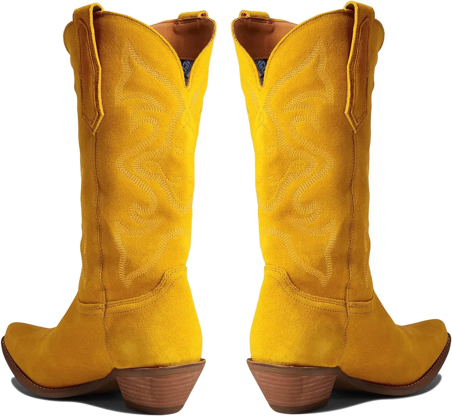 LEHOOR Cowboy Boots Women Embroidered Mid Calf Western Boots Stacked Low Heel Pointed Toe Pull On Cowgirl Boot 4-11 M US