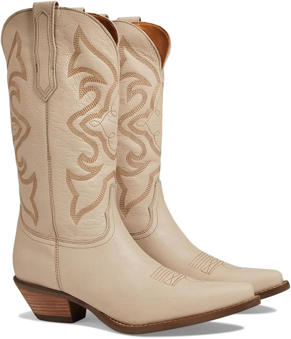 LEHOOR Cowboy Boots Women Embroidered Mid Calf Western Boots Stacked Low Heel Pointed Toe Pull On Cowgirl Boot 4-11 M US