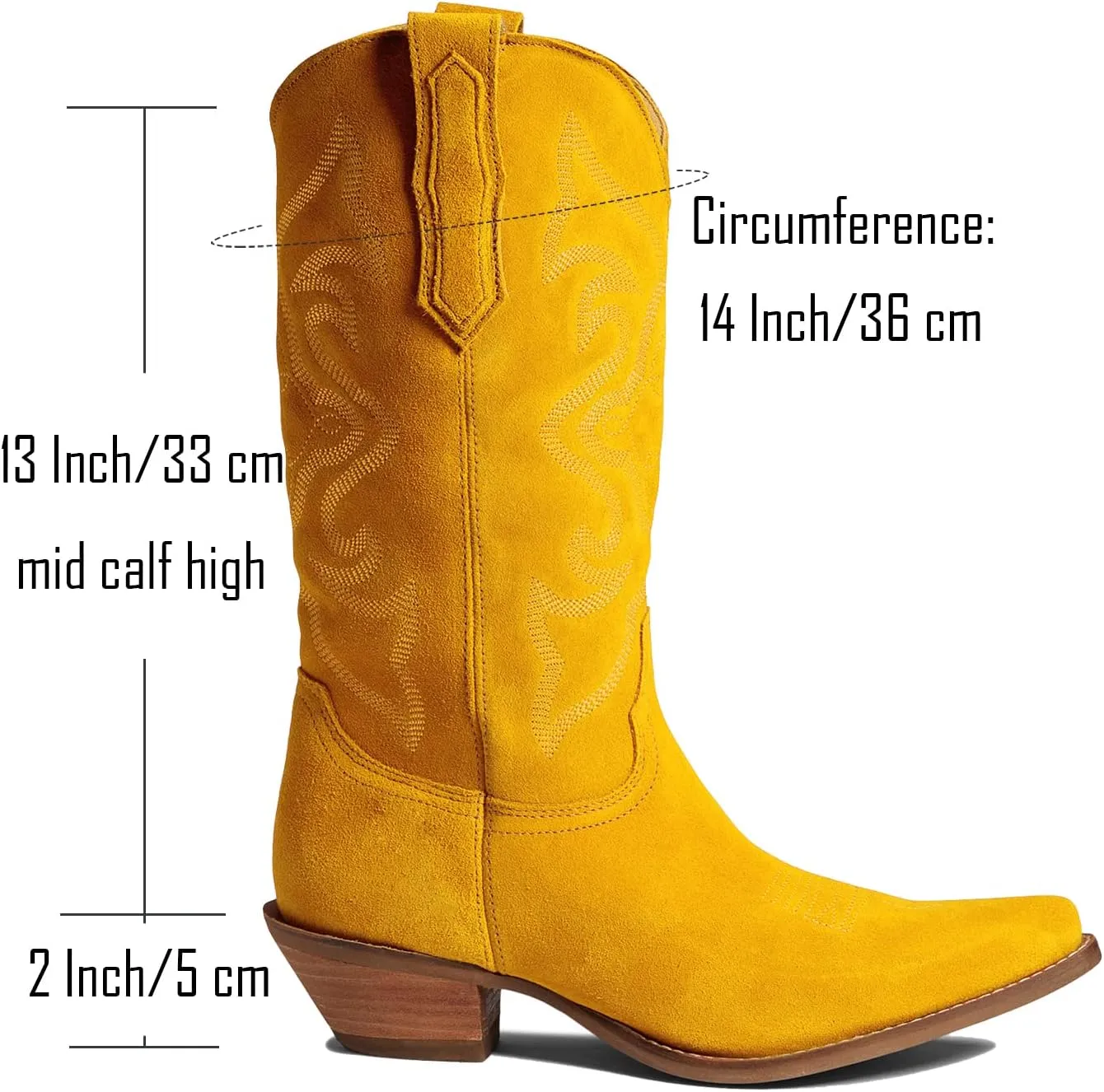 LEHOOR Cowboy Boots Women Embroidered Mid Calf Western Boots Stacked Low Heel Pointed Toe Pull On Cowgirl Boot 4-11 M US