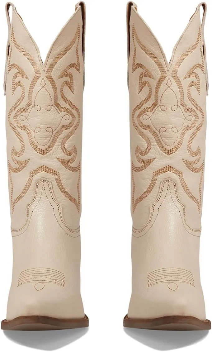 LEHOOR Cowboy Boots Women Embroidered Mid Calf Western Boots Stacked Low Heel Pointed Toe Pull On Cowgirl Boot 4-11 M US