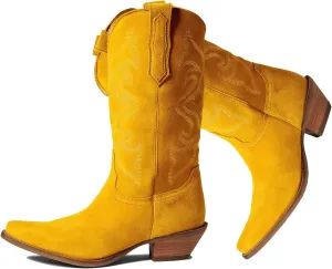 LEHOOR Cowboy Boots Women Embroidered Mid Calf Western Boots Stacked Low Heel Pointed Toe Pull On Cowgirl Boot 4-11 M US