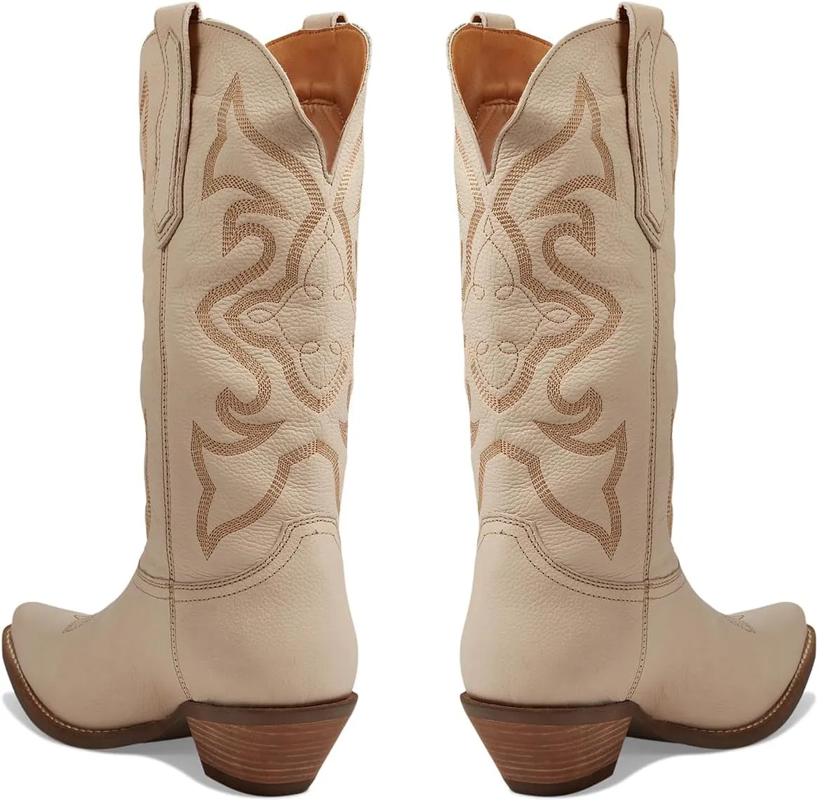 LEHOOR Cowboy Boots Women Embroidered Mid Calf Western Boots Stacked Low Heel Pointed Toe Pull On Cowgirl Boot 4-11 M US