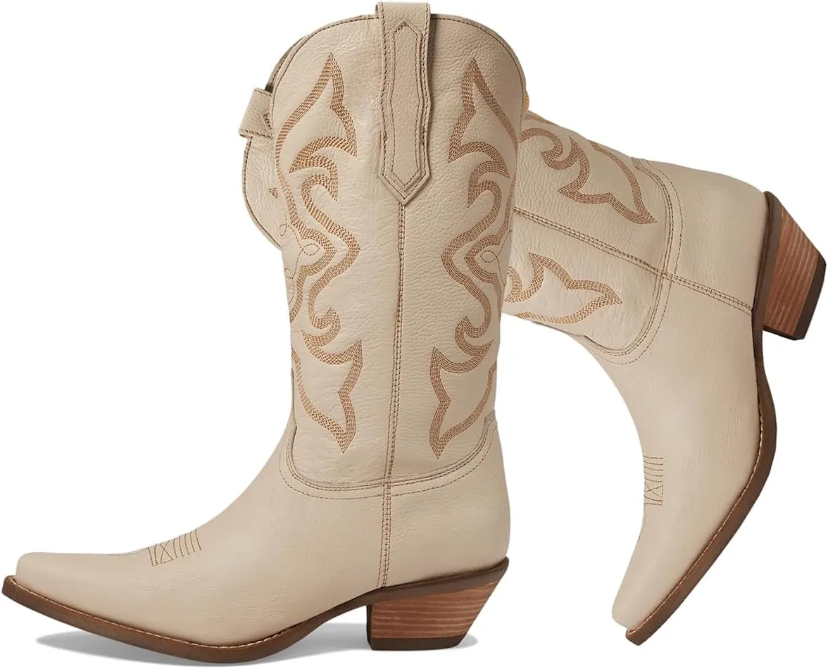 LEHOOR Cowboy Boots Women Embroidered Mid Calf Western Boots Stacked Low Heel Pointed Toe Pull On Cowgirl Boot 4-11 M US