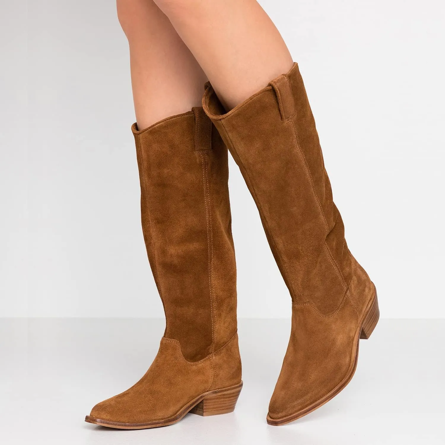 LEHOOR Women Low Stacked Heel Slouchy Knee High Western Boots Pointed Square Toe Velvet Suede 1.5" Chunky Heels Cowboy Boots Wide Calf Pull On Combat Boots Dressy Comfort Casual Winter Retro 4-13 M US
