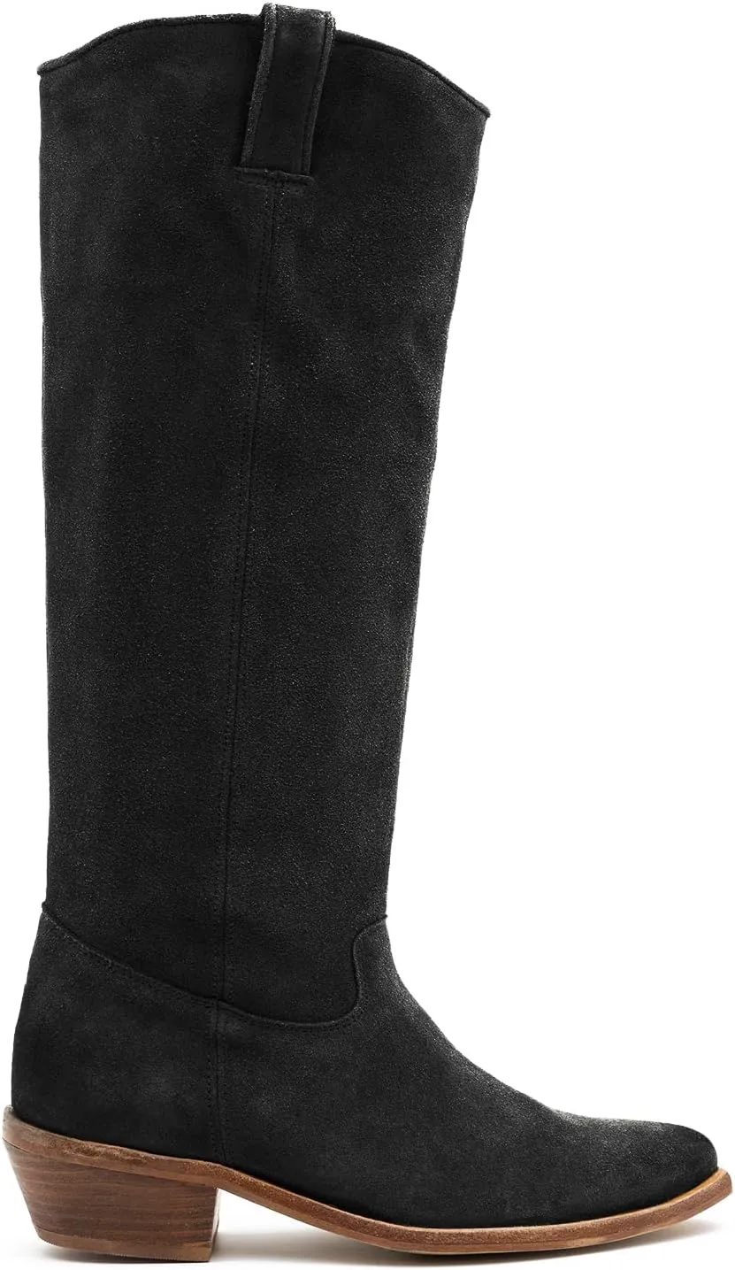 LEHOOR Women Low Stacked Heel Slouchy Knee High Western Boots Pointed Square Toe Velvet Suede 1.5" Chunky Heels Cowboy Boots Wide Calf Pull On Combat Boots Dressy Comfort Casual Winter Retro 4-13 M US
