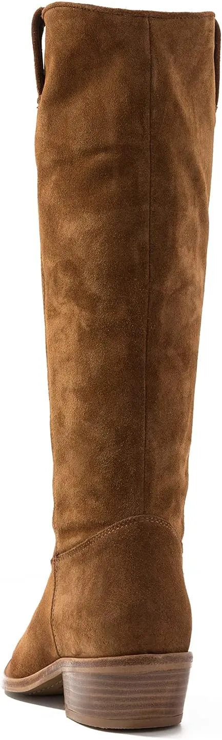 LEHOOR Women Low Stacked Heel Slouchy Knee High Western Boots Pointed Square Toe Velvet Suede 1.5" Chunky Heels Cowboy Boots Wide Calf Pull On Combat Boots Dressy Comfort Casual Winter Retro 4-13 M US