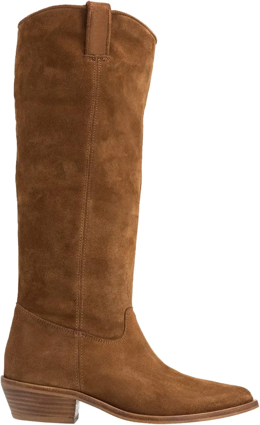 LEHOOR Women Low Stacked Heel Slouchy Knee High Western Boots Pointed Square Toe Velvet Suede 1.5" Chunky Heels Cowboy Boots Wide Calf Pull On Combat Boots Dressy Comfort Casual Winter Retro 4-13 M US