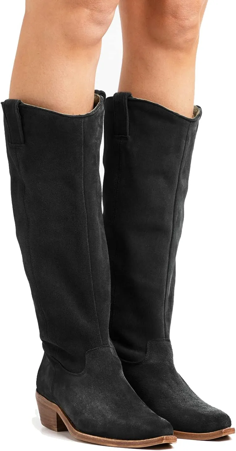 LEHOOR Women Low Stacked Heel Slouchy Knee High Western Boots Pointed Square Toe Velvet Suede 1.5" Chunky Heels Cowboy Boots Wide Calf Pull On Combat Boots Dressy Comfort Casual Winter Retro 4-13 M US